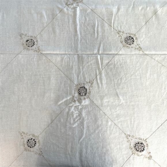 Rare Vintage Italian Ivory Linen Needlelace Tablecloth Set with 12 Napkins - Picture 3 of 9